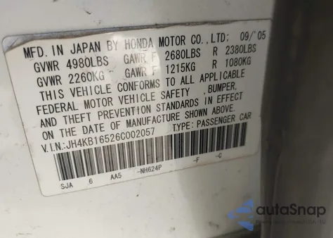 2006 Acura Rl 3.5 z USA, uszkodzony, nr VIN JH4KB16526C002057